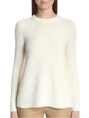 THEORY Ivory Ribbed Crewneck Wool and Cashmere Flared Sweater